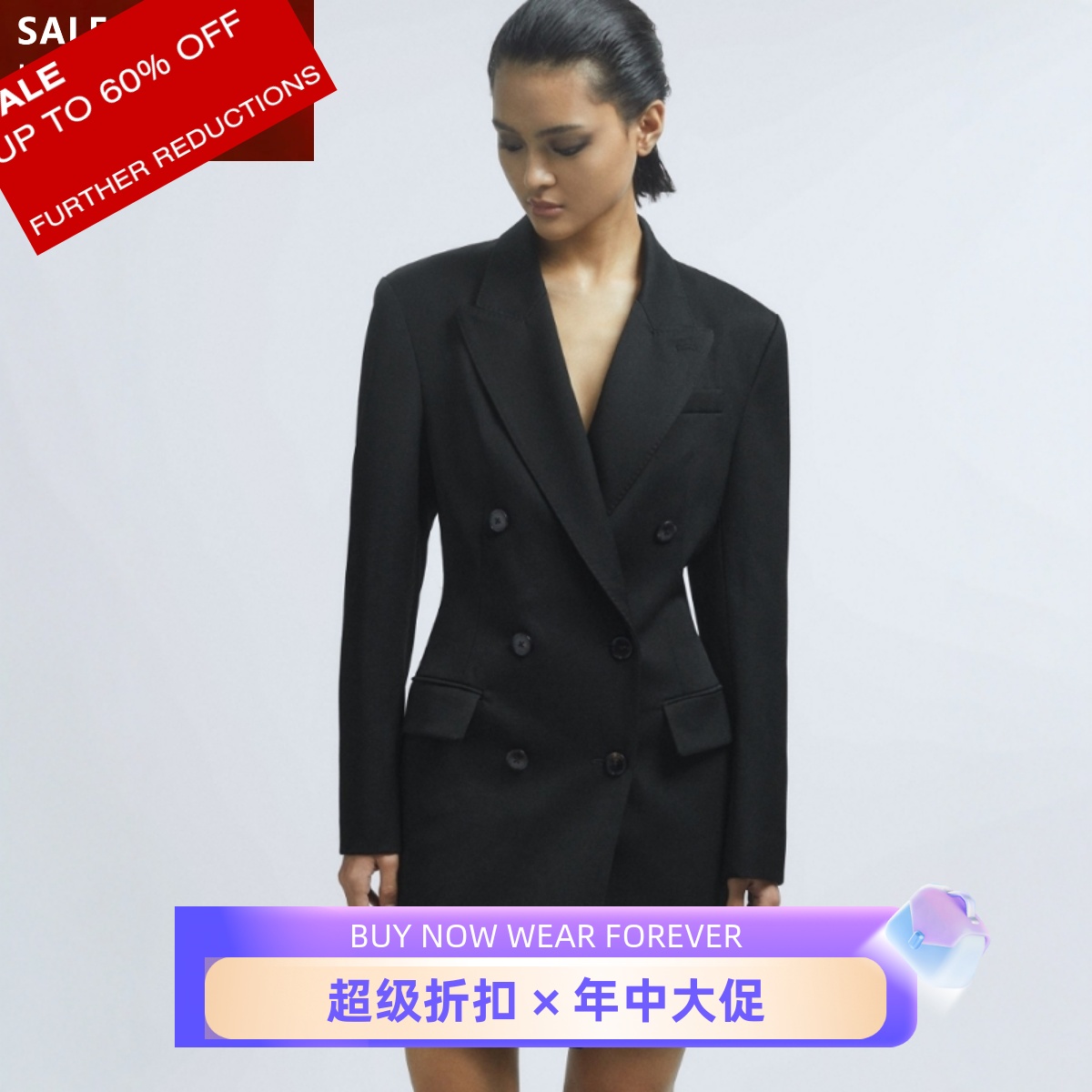 REISS长袖连衣裙西服裙双排扣短款黑色羊毛混纺垫肩修身包臀干练