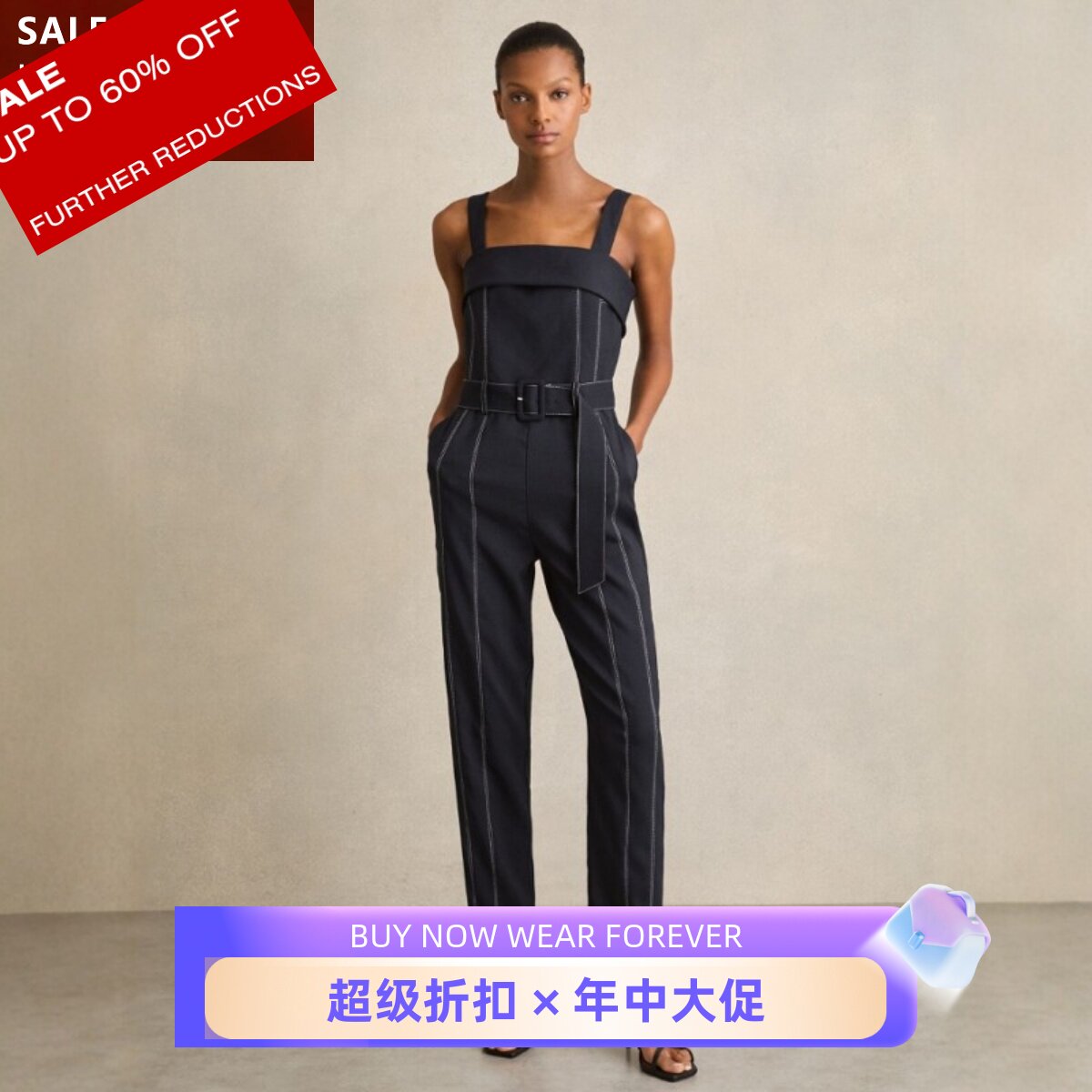 REISS藏蓝吊带裹胸连体裤无袖长裤缝线配腰带高腰修身休闲气质