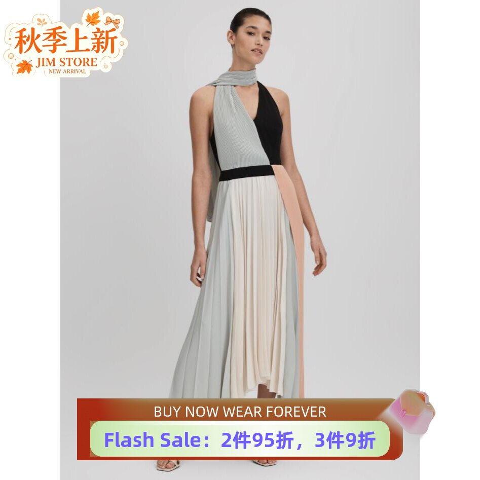 REISS百褶挂脖飘带连衣裙