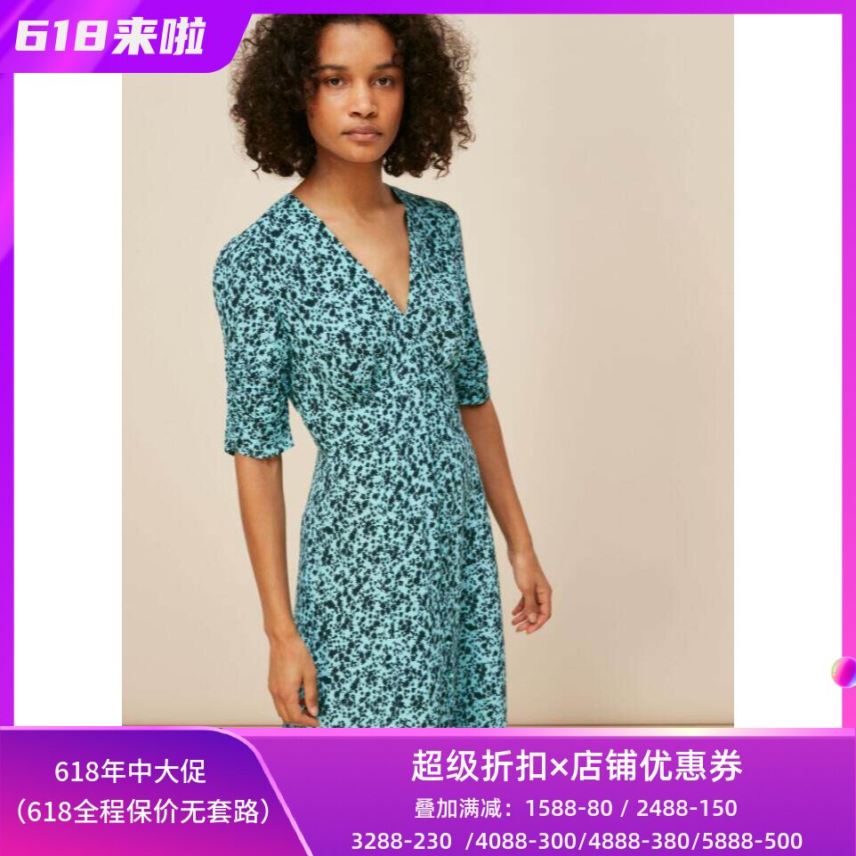 WHISTLES短袖连衣裙浅色碎花中长A字修身V领优雅淑女清新气质百搭