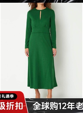 UNI CLOSET长袖连衣裙绿色中长高腰修身气质英伦风优雅百搭通勤
