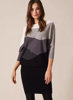 Phase Eight长袖连衣裙包臀裙浅灰拼色蝙蝠袖优雅淑女通勤百搭