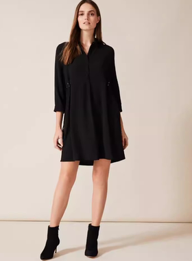 Phase Eight长袖连衣裙衬衫裙一步裙黑色抽带设计简约气质百搭