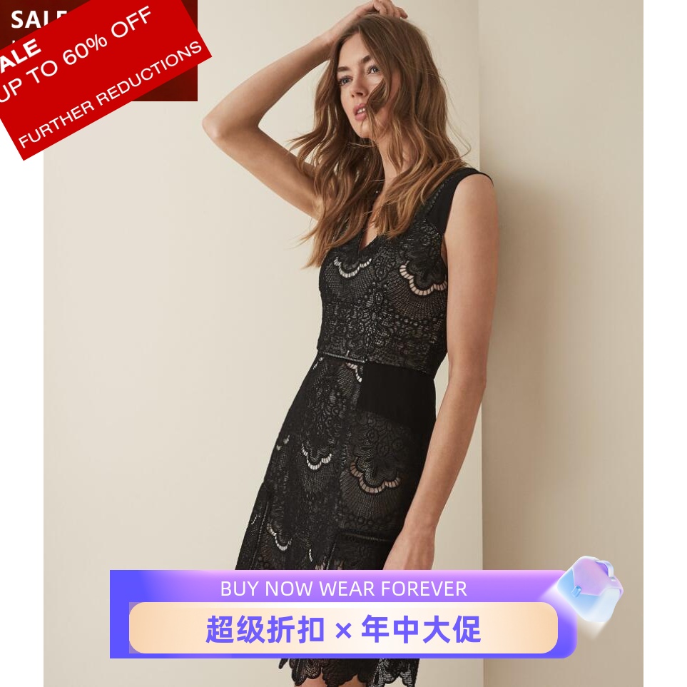 REISS蕾丝连衣裙一步裙黑色无袖蕾丝修身气质英伦淑女优雅百搭