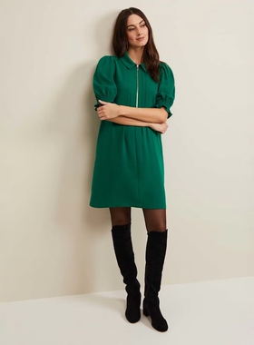 Phase Eight短袖连衣裙衬衫裙绿色POLO领简约气质英伦通勤百搭