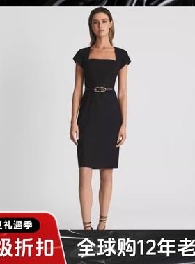 REISS黑色短袖方领包臀裙正装裙西服裙羊毛高腰修身通勤显瘦OL风