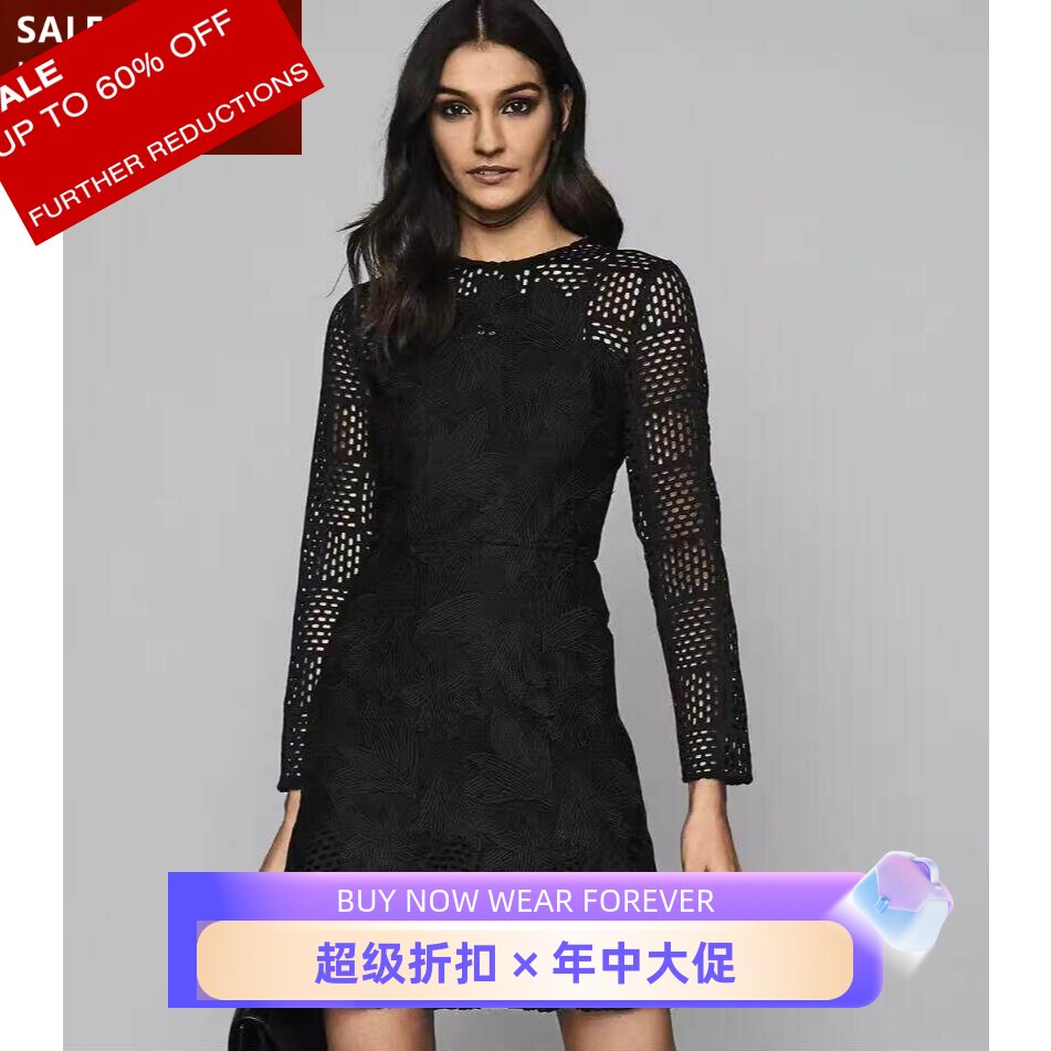 REISS黑色长袖蕾丝连衣裙优雅