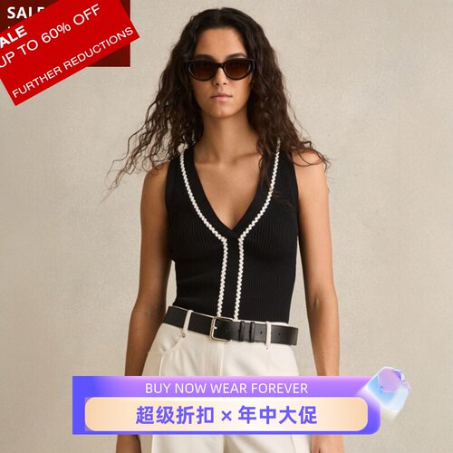 REISS黑色背心上衣内搭V领白色立体缝线修身显瘦气质英伦通勤休闲