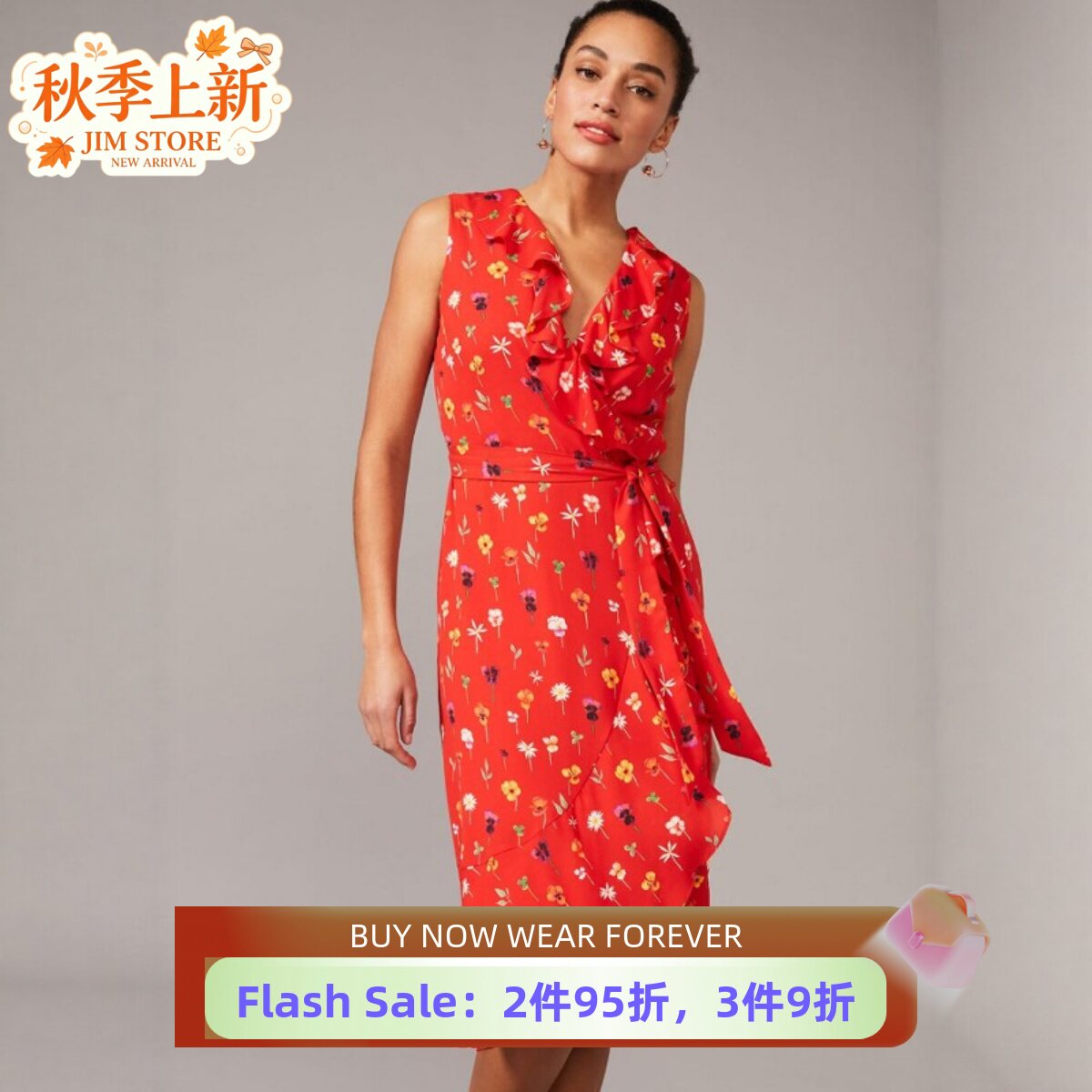 Phase Eight红碎花无袖裹身连衣裙 V 领荷叶边收腰系带中长茶歇裙