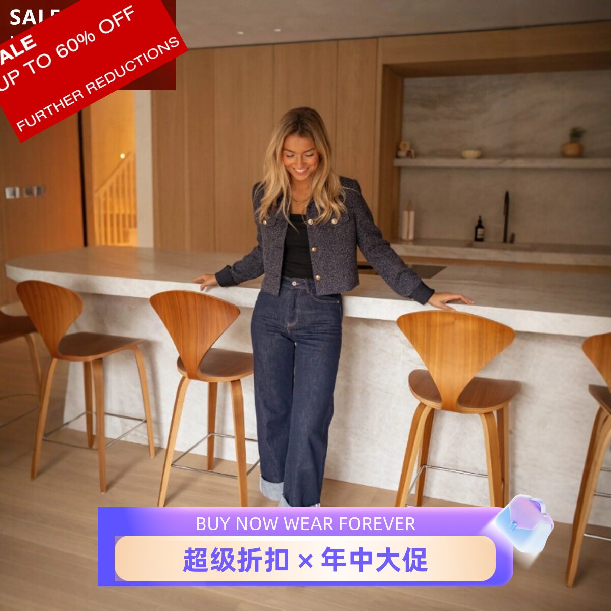 REISS藏蓝色短外套夹克对称口袋气质百搭显瘦干练棉麻混纺