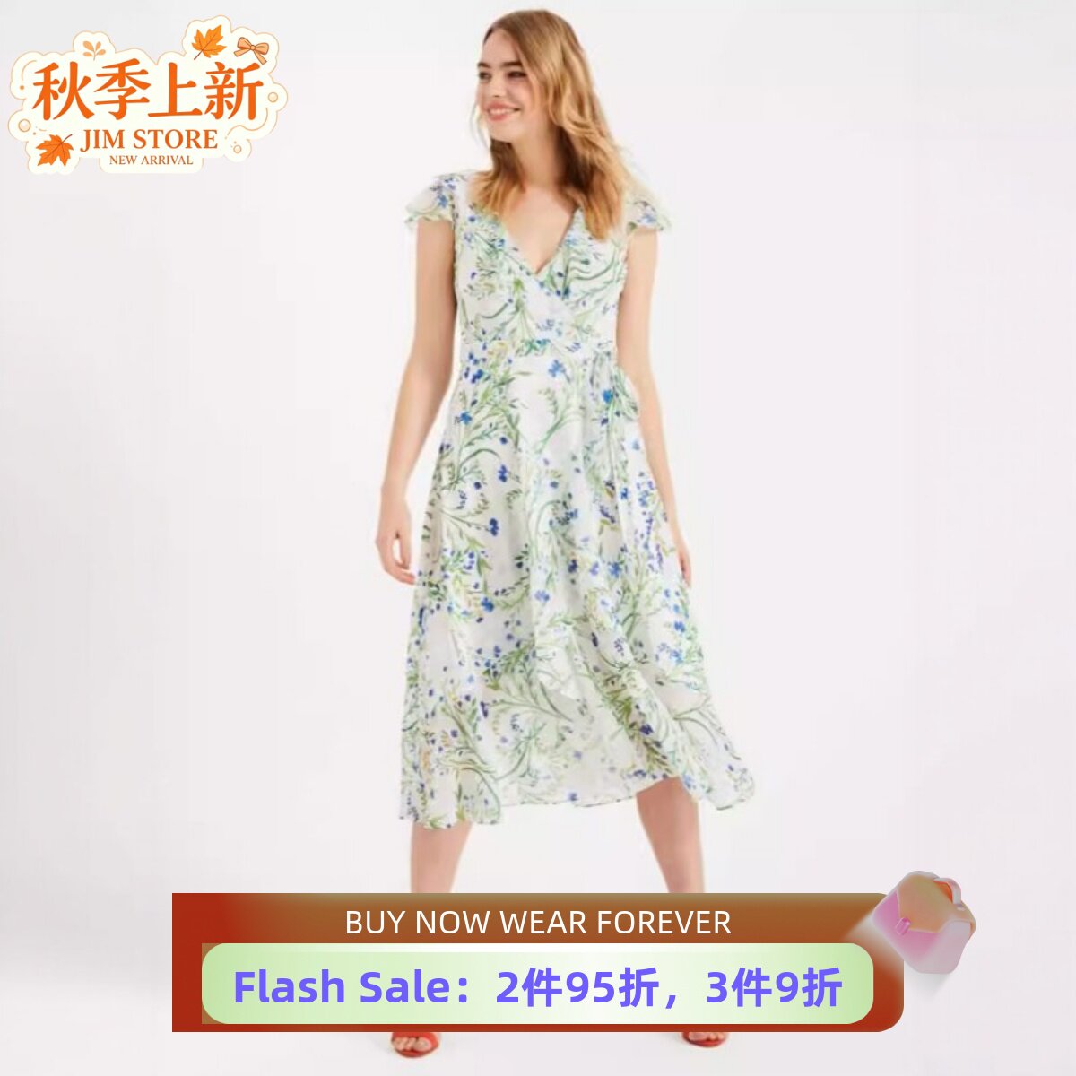 Phase Eight短袖雪纺连衣裙中长A字修身白底碎花印花优雅清新淑女