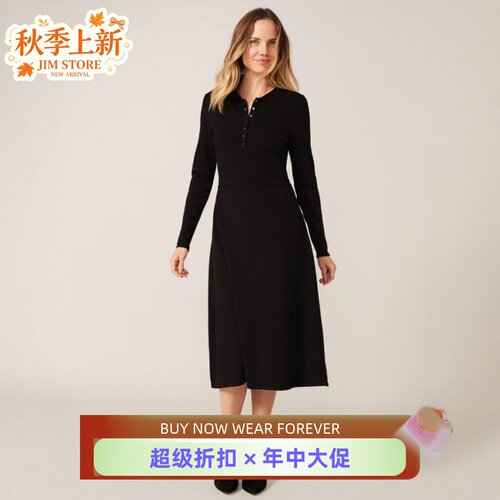 Phase Eight长袖针织连衣裙黑色中长款A字POLO领高腰显瘦优雅气质