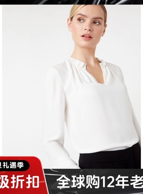 HOBBS白色长袖衬衫衬衣上衣V领直筒简约清新淑女气质OL风通勤百搭