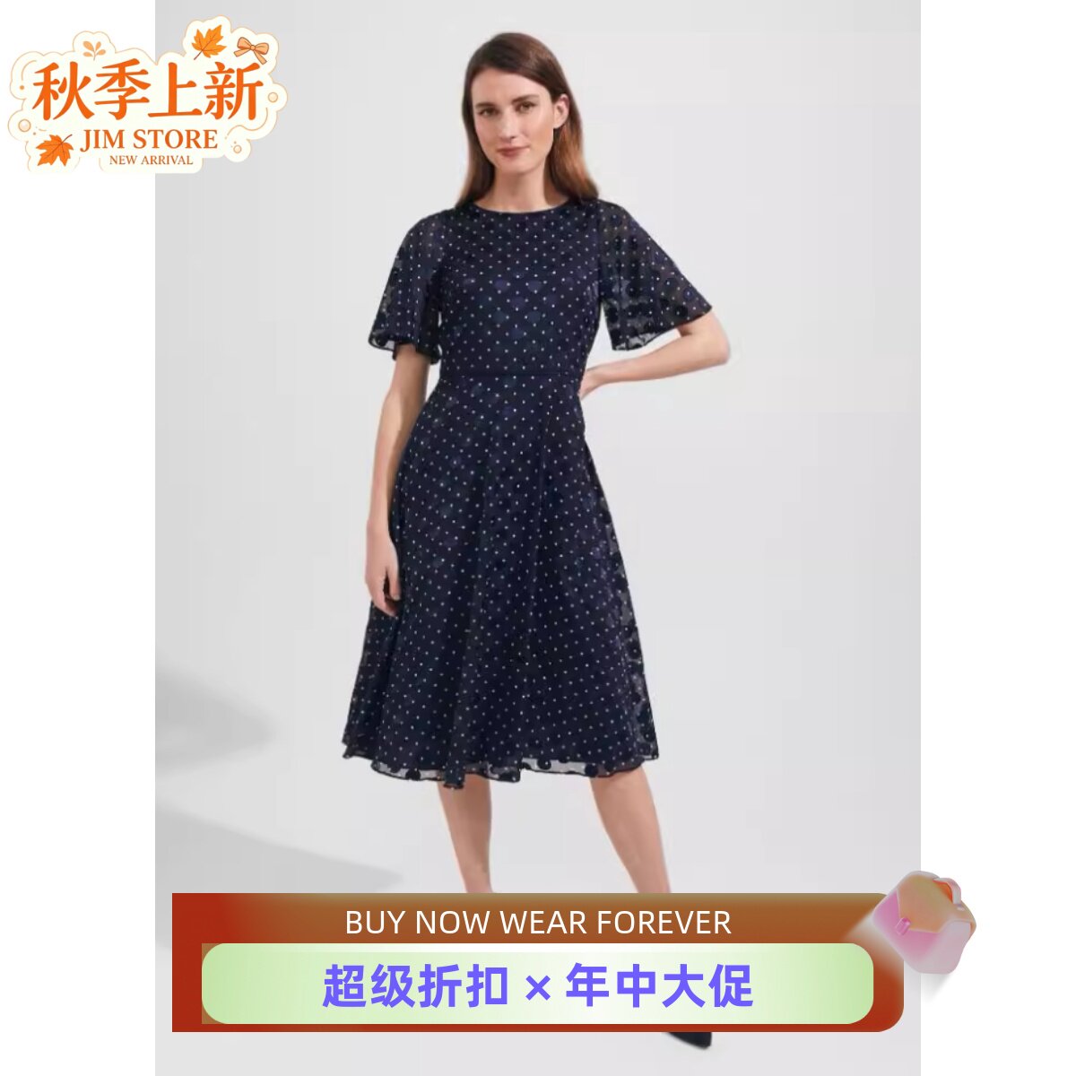 HOBBS藏蓝波点雪纺裙优雅英伦风