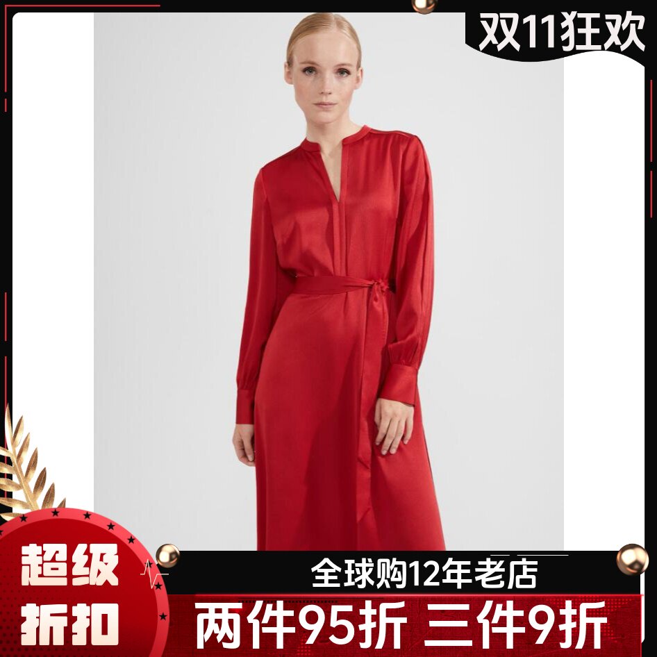 HOBBS红色长袖缎面连衣裙