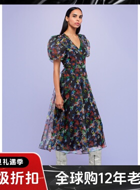 WHISTLES短袖真丝连衣裙桑蚕丝中长款繁花印染碎花优雅英伦风