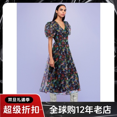 WHISTLES短袖真丝连衣裙繁花印染