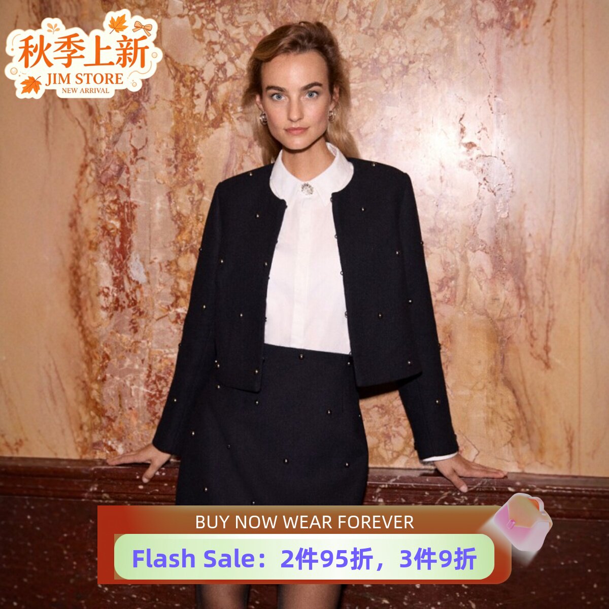 Phase Eight羊毛混纺黑色短外套钉珠圆领大气英伦日常通勤百搭