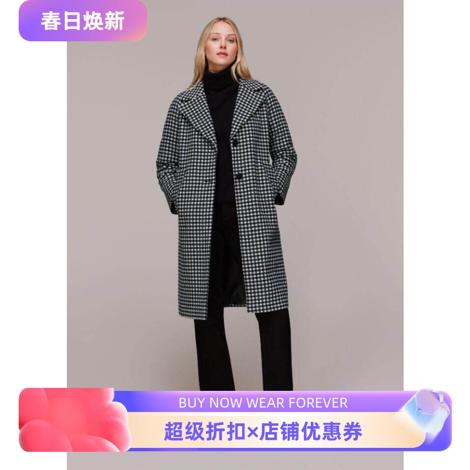 WHISTLES细格纹羊毛毛呢大衣中长款西服领直筒口袋气质英伦百搭