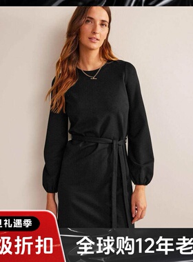 UNI CLOSET长袖连衣裙黑色直筒系带简约英伦风通勤淑女气质百搭