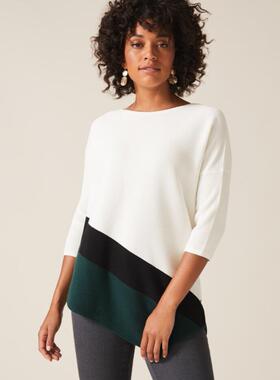 Phase Eight七分袖针织衫毛衣上衣白色斜条纹拼色直筒不规则下摆