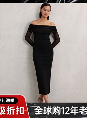 REISS黑色一字领连衣裙礼服裙中长款网纱袖高腰修身优雅气质英伦