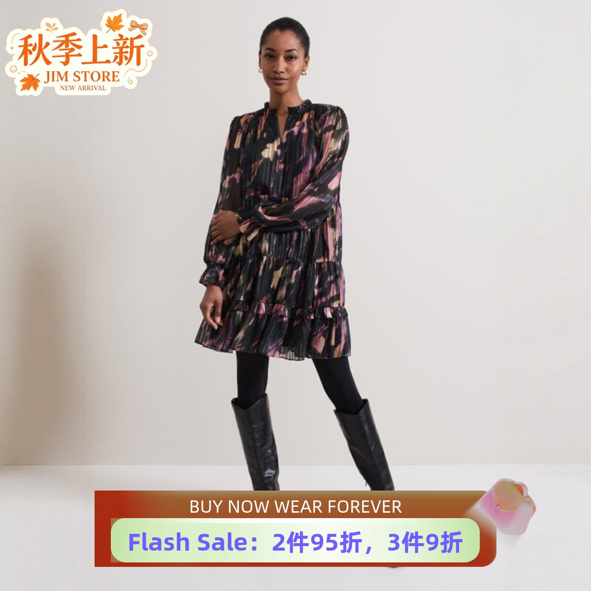 Phase Eight长袖雪纺连衣裙一步裙黑底英伦印花显瘦气质百搭