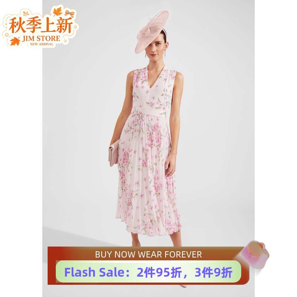 HOBBS淡粉碎花百褶裙清新淑女风