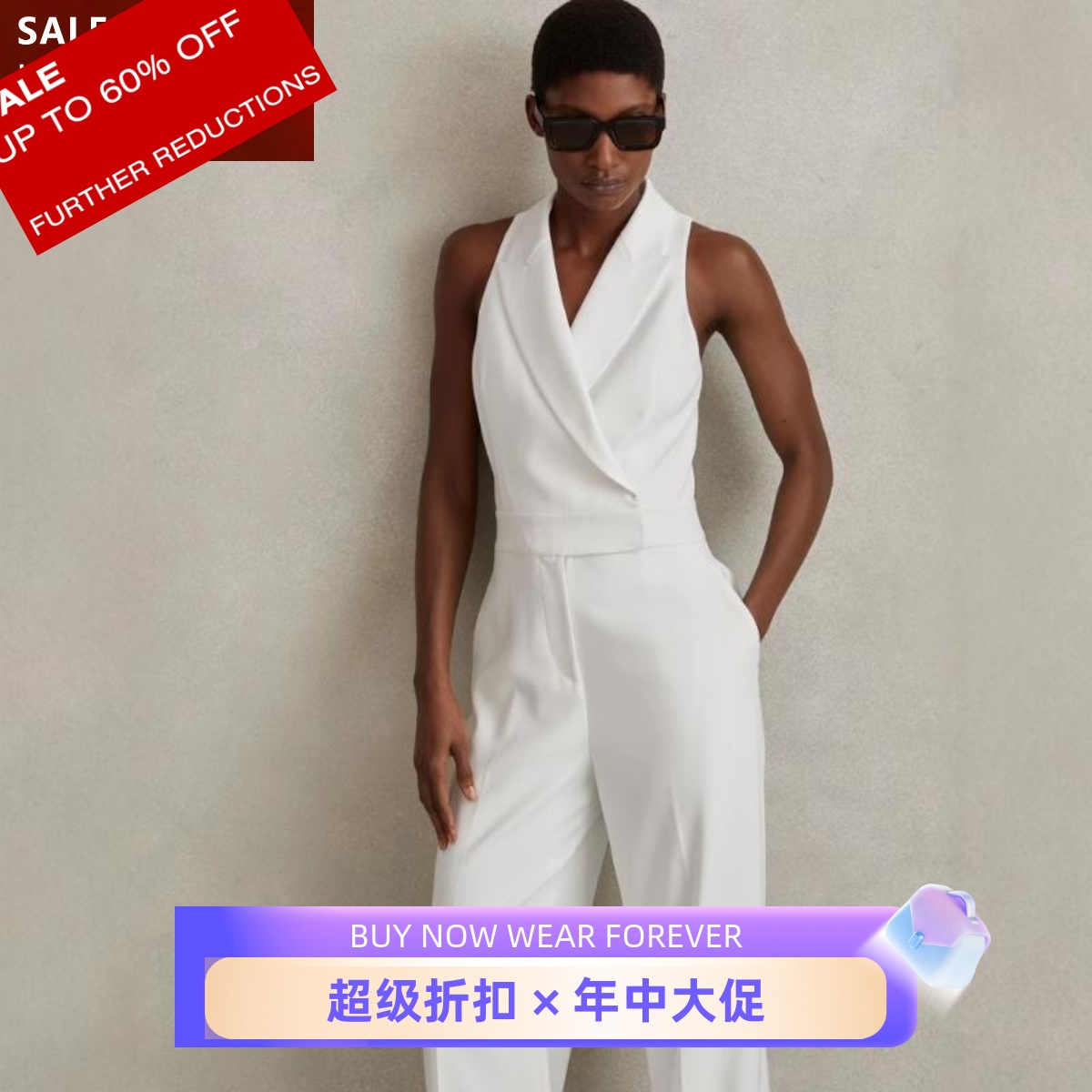 REISS西服领连体裤连体衣白色直筒长裤阔腿无袖高腰修身气质干练