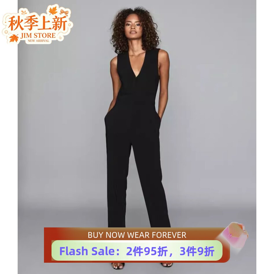 REISS连体裤连衣裤马甲上衣黑色长裤无袖V领高腰干练OL通勤显瘦