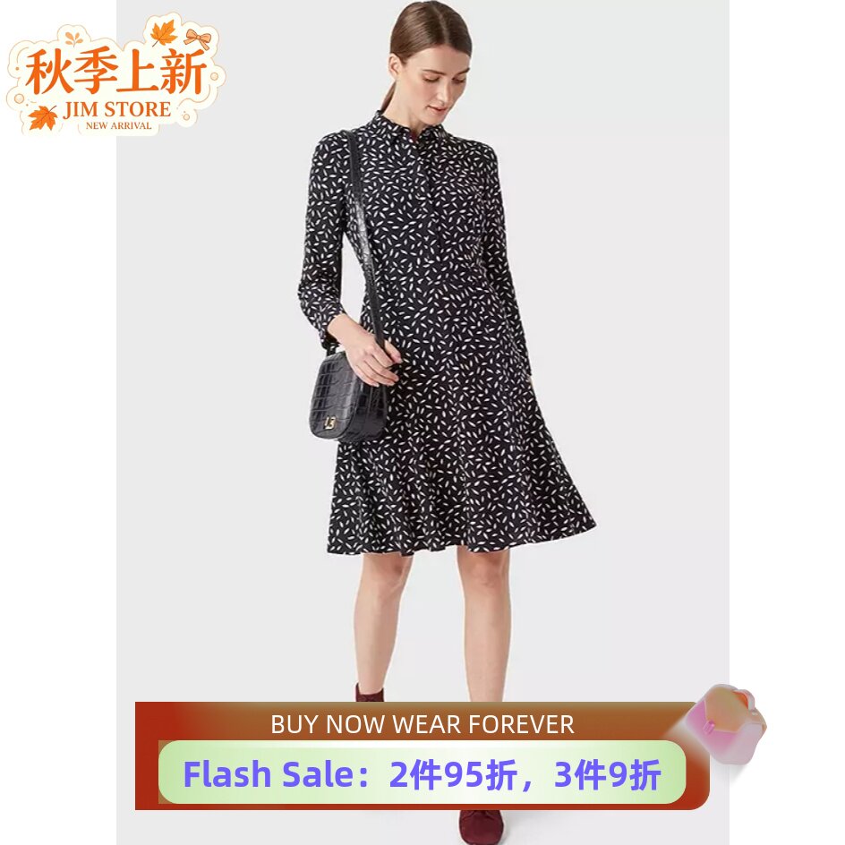 HOBBS长袖衬衫裙藏蓝碎花中长A字高腰修身优雅清新淑女英伦显瘦