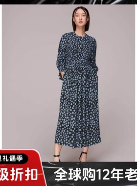 WHISTLES长袖连衣裙藏蓝色波点碎花宽松气质英伦风优雅百搭