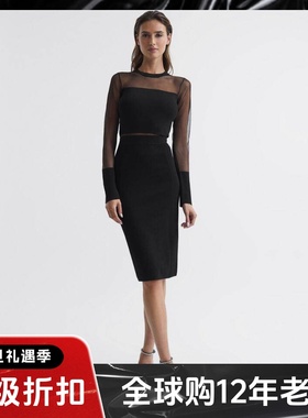 REISS针织长袖连衣裙假两件黑色包臀裙纱网袖弹力修身优雅名媛
