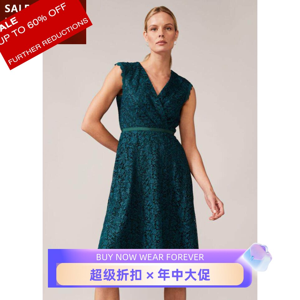 Phase Eight蕾丝连衣裙无袖V领A子大摆修身祖母绿优雅英伦气质