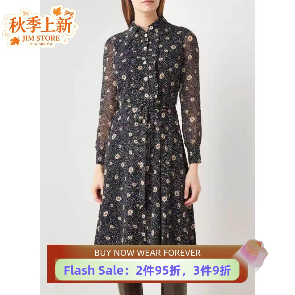 长袖印花连衣裙优雅英伦淑女风