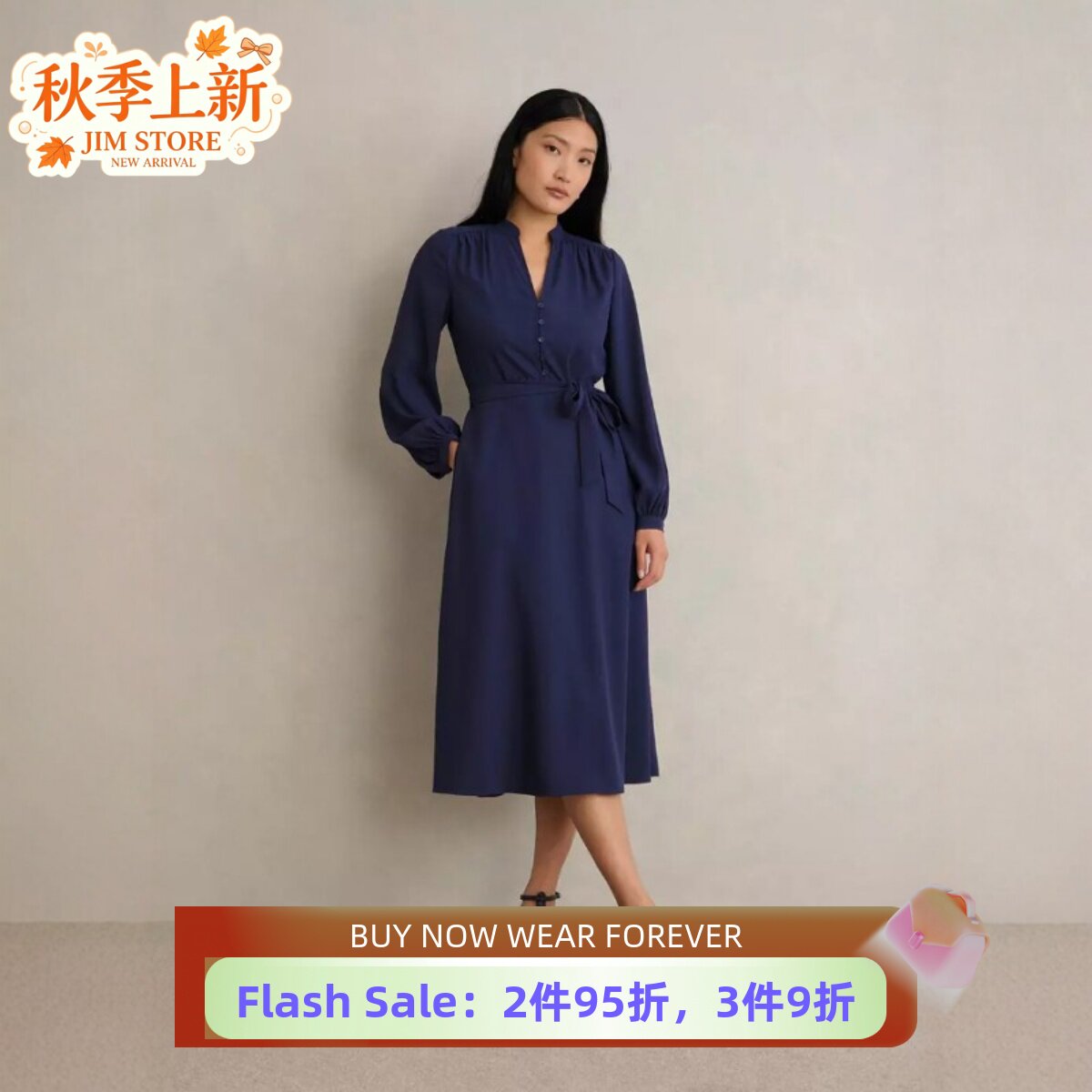 HOBBS长袖V领衬衫裙中长系带午夜蓝纯色简约高腰修身现在休闲通勤