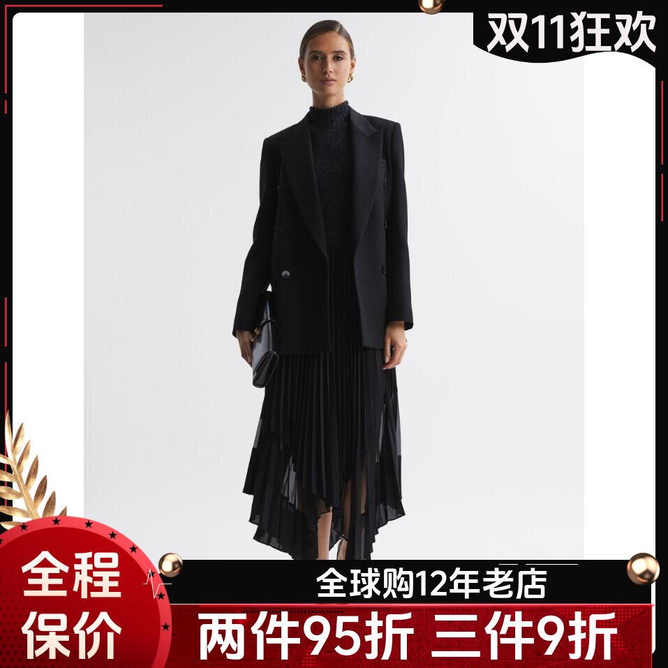 REISS百褶裙半身裙黑色中长不规则裙摆纱网拼接优雅气质通勤百搭