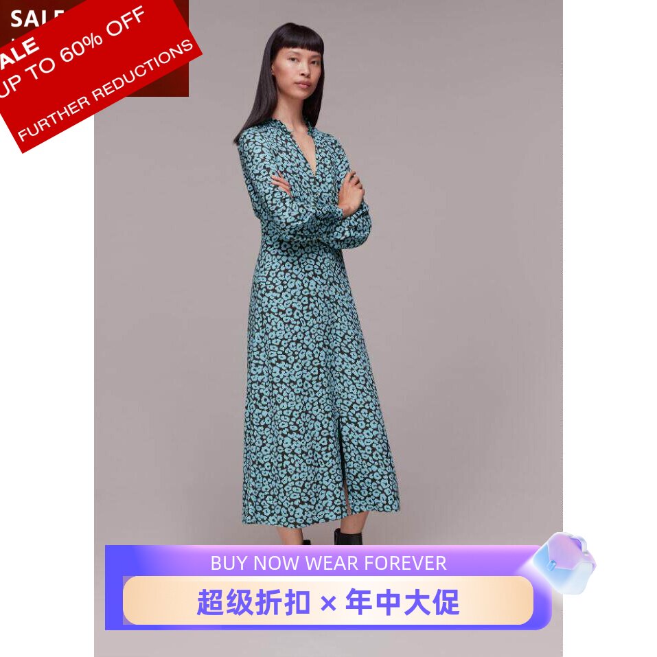 WHISTLES浅蓝印花长袖连衣裙英伦