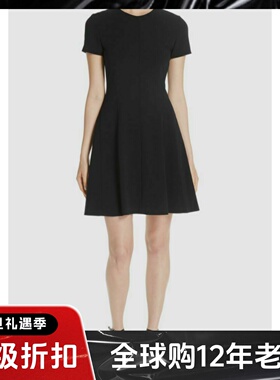 UNI CLOSET短袖连衣裙黑色A字高腰修身竖条纹简约淑女通勤OL百搭