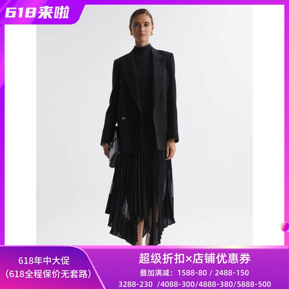 REISS黑色百褶半身裙不规则裙摆