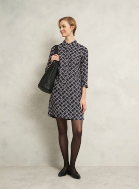 HOBBS长袖衬衫裙连衣裙H型短裙藏蓝格子印花简约淑女百搭英伦风
