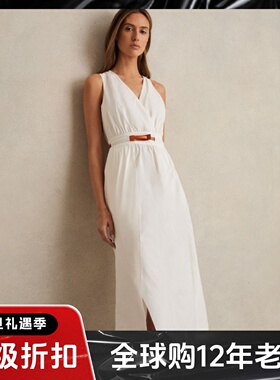 REISS白色连衣裙中长V领高腰修身H型不对称裙摆棉质清新气质百搭