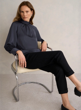 HOBBS长袖衬衫衬衣墨青绿色后系带领直筒纯色简约气质通勤OL日常