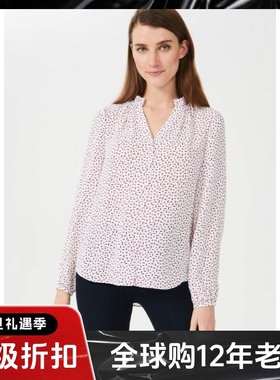 HOBBS长袖衬衫衬衣白色波点V领宽松雪纺休闲淑女通勤百搭