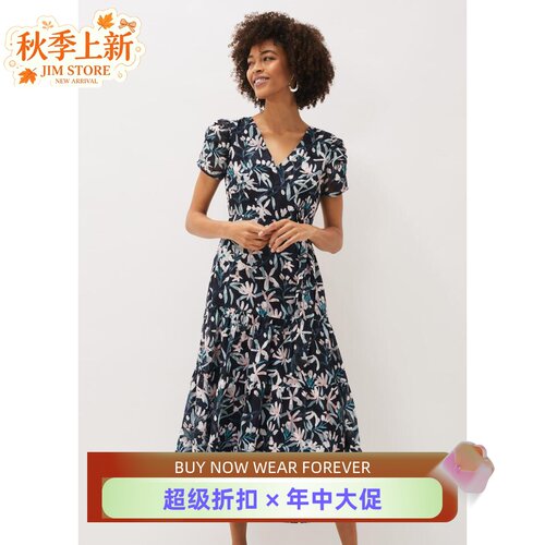 PhaseEight藏蓝碎花系带飘逸百搭