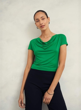 HOBBS绿色短袖T恤上衣堆堆领短款舒适弹力亲肤简约大气日常通勤OL