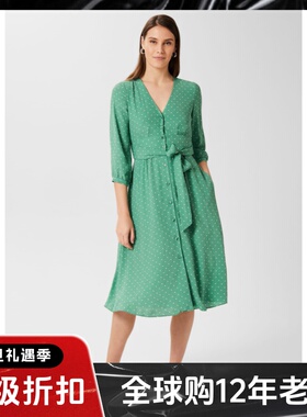 HOBBS长袖连衣裙衬衫裙浅绿色波点系带束腰V领清新英伦淑女百搭