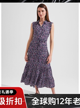 HOBBS连衣裙衬衫裙中长波点印花蓝紫色无袖高腰修身优雅英伦淑女