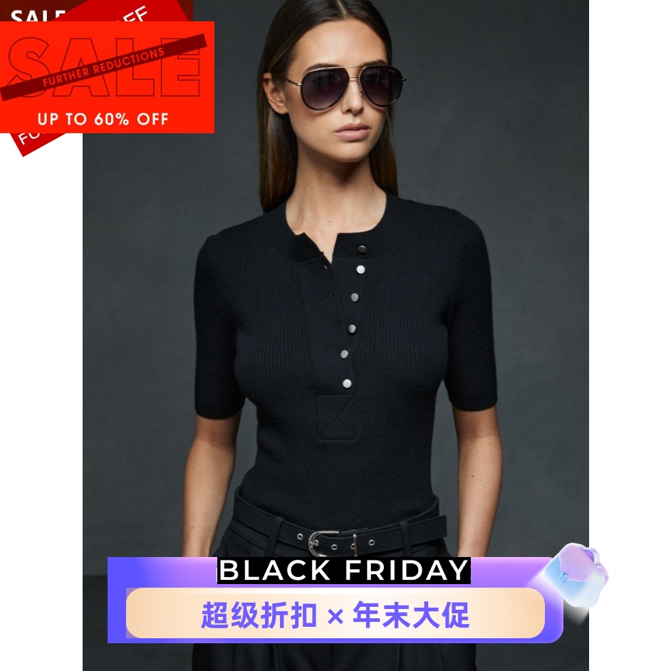 REISS黑色短袖针织衫POLO衫坑条修身纯色简约经典百搭通勤休闲