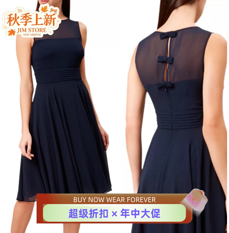 HOBBS藏蓝蝴蝶结连衣裙纱网拼接高腰优雅淑女气质英伦修身显瘦